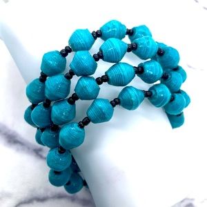 Blue Rolled Paper Bead Bracelet Memory Wire Wrapped Turquoise & Black Colors